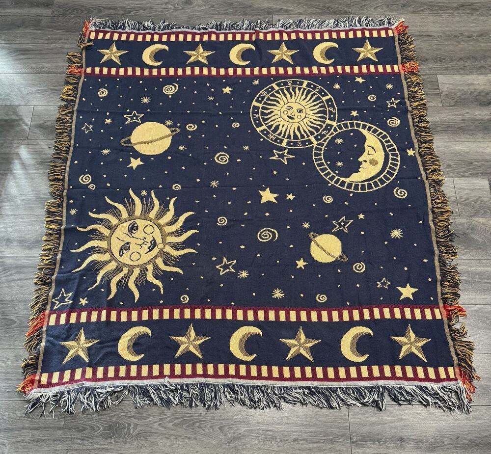 Vintage Crown Craft Celestial Sun Moon Stars Throw 90s Fringe